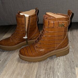 Michael Kors Tan Croc-Embossed Combat Boots